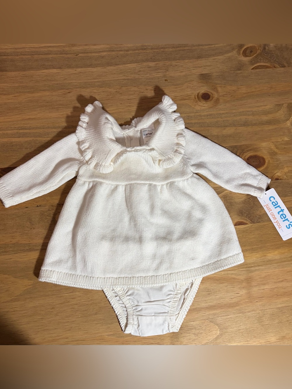 Carter's Cream Knit Ruffle Collar Dress with Matching Bloomer